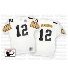Mitchell And Ness Pittsburgh Steelers #12 Terry Bradshaw White Authentic Throwback NFL Jersey