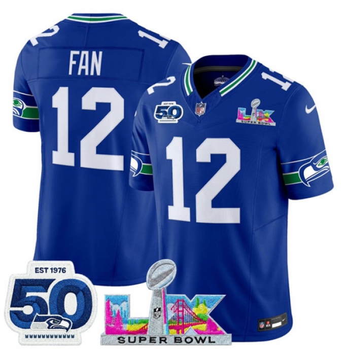 Men's Seattle Seahawks #12 Fan Royal 2025 F.U.S.E. Super Bowl LX And 50th Season Vapor Throwback Limited Football Stitched Jersey