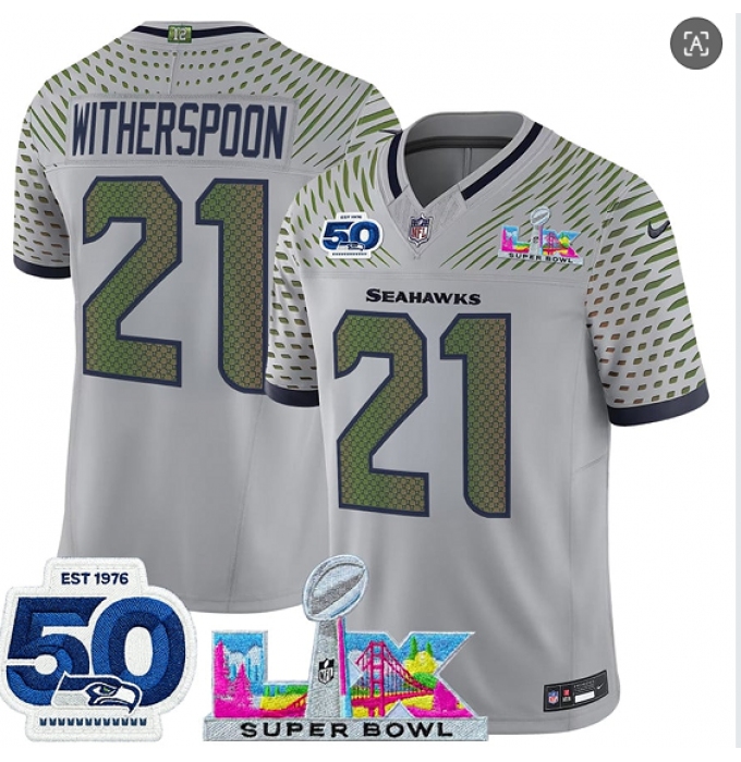 Men's Seattle Seahawks #21 Devon Witherspoon Gray 2025 F.U.S.E. Super Bowl LX And 50th Season “Rivalries” Vapor Limited Football Stitched Jersey