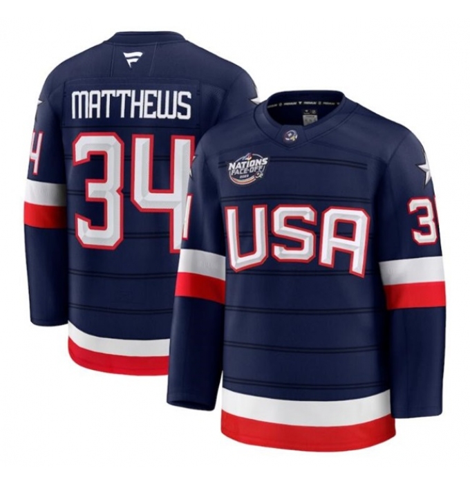 Men's USA #34 Auston Matthews Navy 2025 4 Nations Face-Off Stitched Jersey