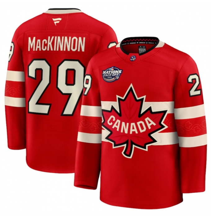 Men's Canada #29 Nathan MacKinnon Red 2025 4 Nations Face-Off Premium Stitched Jersey