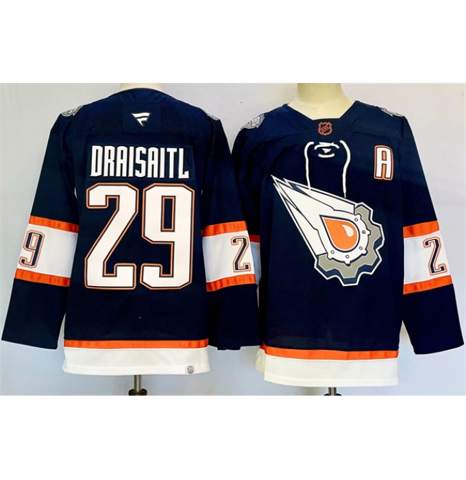 Men's Edmonton Oilers #29 Leon Draisaitl Navy 2024-25 With A Reverse Retro Stitched Jersey