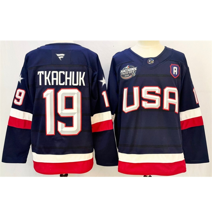 Men's USA #19 Matthew Tkachuk Navy 2025 With A 4 Nations Face-Off Stitched Jersey