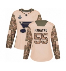 Women's St. Louis Blues #55 Colton Parayko Authentic Camo Veterans Day Practice 2019 Stanley Cup Champions Hockey Jersey
