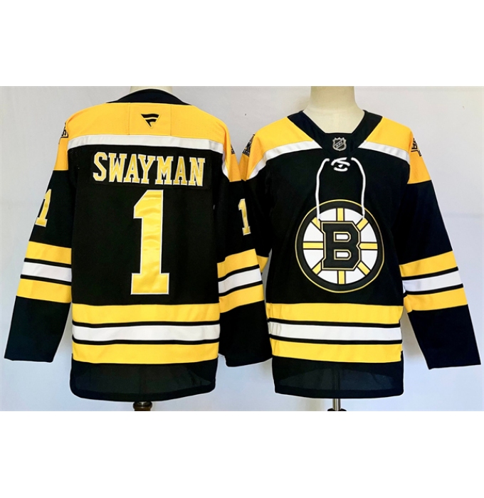 Men's Boston Bruins #1 Jeremy Swayman Black 2024-25 Home Stitched Hockey Jersey