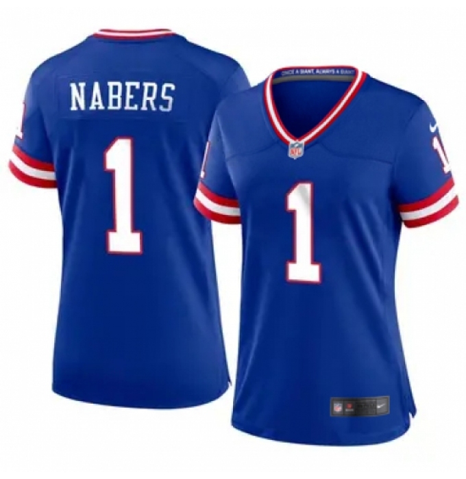 Women New York Giants #1 Malik Nabers Royal 2024 F U S E Throwback Limited Stitched Jersey