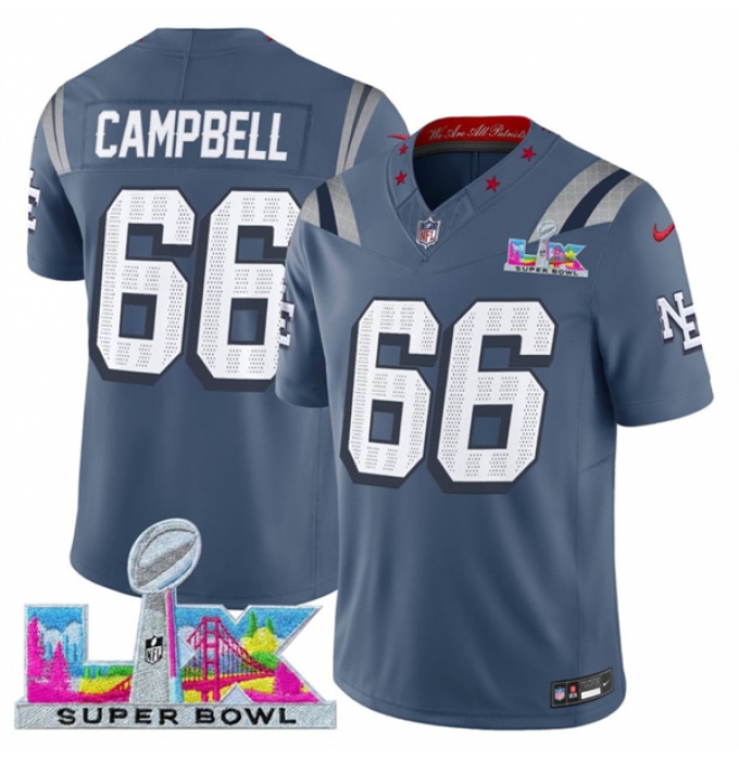 Men's New England Patriots #66 Will Campbell Storm Blue 2025 F.U.S.E. Super Bowl LX “Rivalries” Vapor Limited Football Stitched Jersey