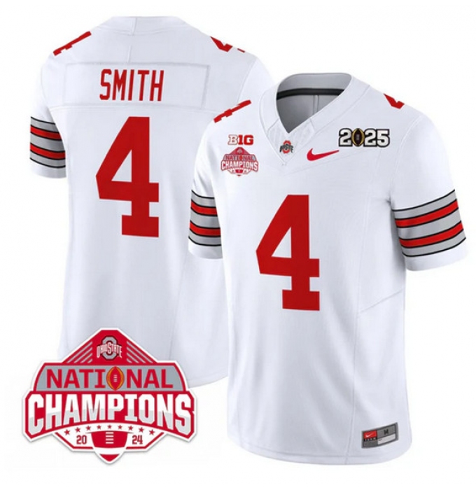 Men's Ohio State Buckeyes #4 Jeremiah Smith White 2025 CFP Final With National Champions F.U.S.E. Vapor Limited Stitched Football Jersey