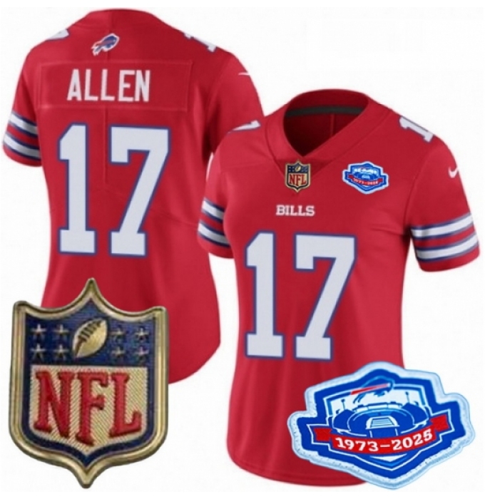 Women Buffalo Bills 17 Josh Allen Red 2025 F U S E Farewell Season Gold Shield Patch Stitched Football Jersey