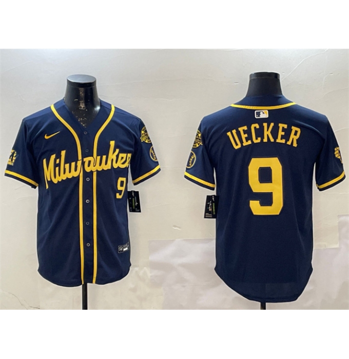 Men's Milwaukee Brewers #9 Bob Uecker Navy With Home Limited Stitched Baseball Jersey