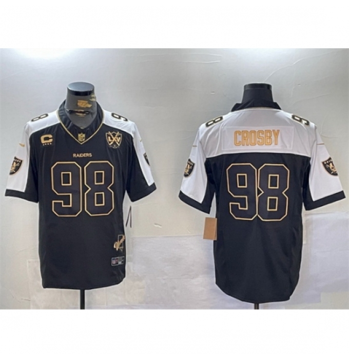 Men's Las Vegas Raiders #98 Maxx Crosby Black Gold F U S E With Nevada Silver Stat And 65th Anniversary 4 Star C Limited Stitched Football