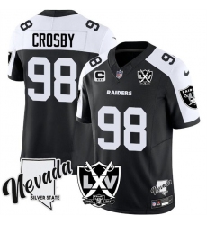 Men's Las Vegas Raiders #98 Maxx Crosby Black White 2024 F.U.S.E With Nevada Silver Stat And 65th Anniversary 3-Star C Stitched Football Jersey Men's Las Vegas Raiders #98 Maxx Crosby Black White 2024 F.U.S.E With Nevada Silver Stat And 65th Anniversary 3-Star C Stitched Football Jersey