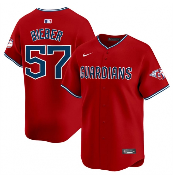 Men's Cleveland Guardians #57 Shane Bieber Red Alternate Limited Stitched Baseball Jersey