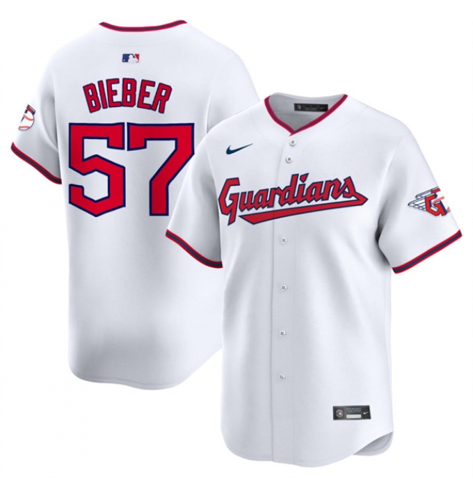 Men's Cleveland Guardians #57 Shane Bieber White Home Limited Stitched Baseball Jersey