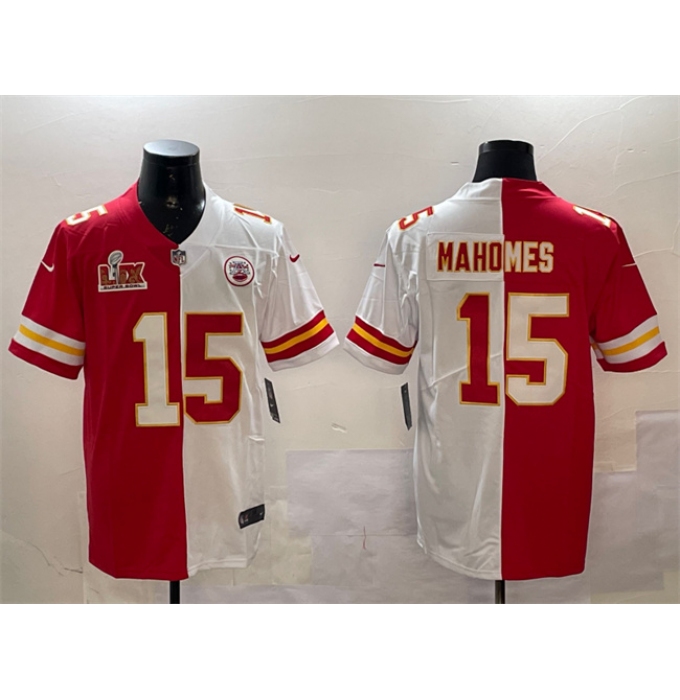 Men's Kansas City Chiefs #15 Patrick Mahomes Red & White Split 2025 Super Bowl LIX Vapor Limited Stitched Football Jersey