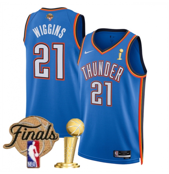 Men's Oklahoma City Thunder #21 Aaron Wiggins Blue 2025 Finals And Finals Champions Icon Edition Stitched Basketball Jersey