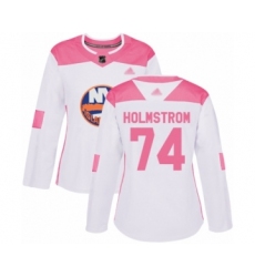 Women's New York Islanders #74 Simon Holmstrom Authentic White Pink Fashion Hockey Jersey