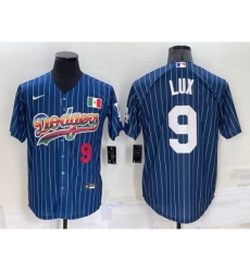 Mens Los Angeles Dodgers #9 Gavin Lux Number Rainbow Blue Red Pinstripe Mexico Cool Base Nike Jersey