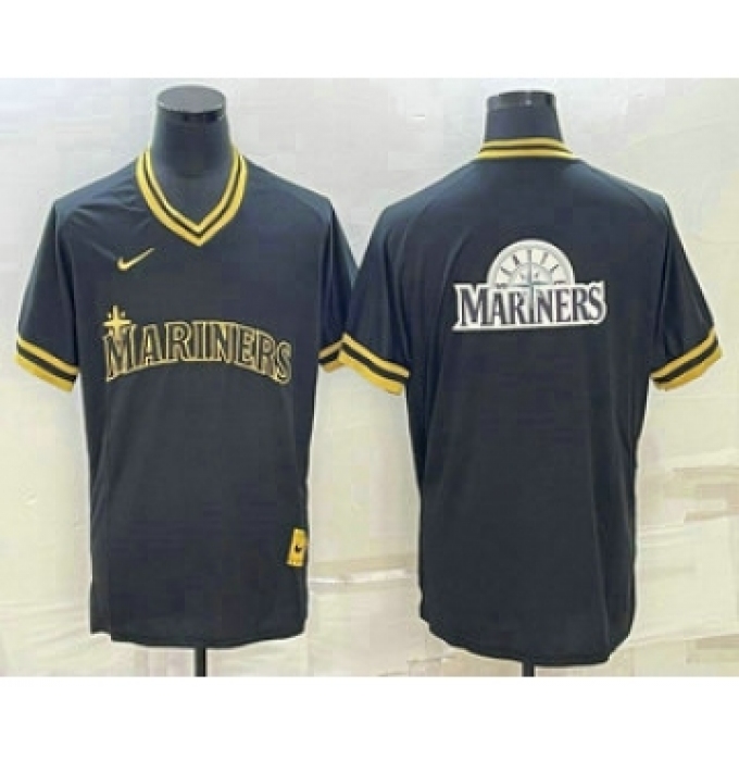 Men's Seattle Mariners Big Logo Black Gold Nike Cooperstown Legend V Neck Jersey