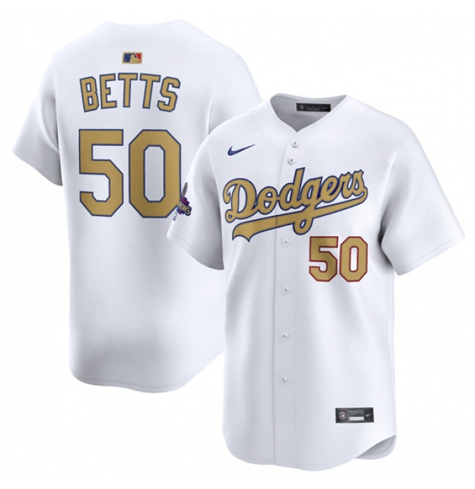 Men's Los Angeles Dodgers #50 Mookie Betts White 2025 Gold Collection Limited Stitched Baseball Jersey