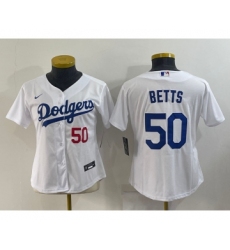 Women's Los Angeles Dodgers #50 Mookie Betts White With Red Stitched MLB Cool Base Nike Jersey