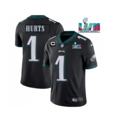 Men's Philadelphia Eagles #1 Jalen Hurts Black Super Bowl LVII Patch And 2-star C Patch Vapor Untouchable Limited Stitched Jersey