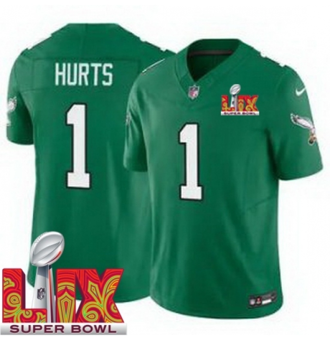 Men's Philadelphia Eagles Jalen Hurts #1 Kelly Green 2024 2025 Super Bowl LIX F U S E Stitched NFL Jersey