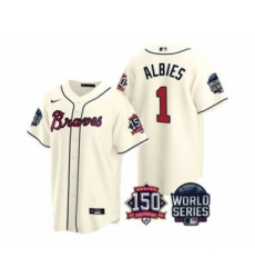 Men's Atlanta Braves #1 Ozzie Albies 2021 Cream World Series With 150th Anniversary Patch Cool Base Baseball Jersey