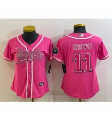 Women's Philadelphia Eagles #11 AJ Brown Pink With Patch Cool Base Stitched Baseball Jersey