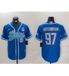 Men's Detroit Lions #97 Aidan Hutchinson Blue With 90th Cool Base Stitched Baseball Jersey Men's Detroit Lions #97 Aidan Hutchinson Blue With 90th Cool Base Stitched Baseball Jersey