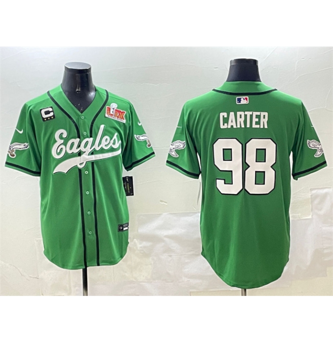 Men's Philadelphia Eagles #98 Jalen Carter Green 2025 Super Bowl LIX And 3-Star C Stitched Baseball Jersey