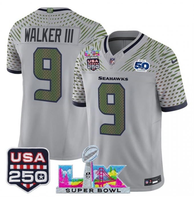 Men's Youth Seattle Seahawks #9 Kenneth Walker III Gray 2025 F.U.S.E. Super Bowl LX & US 250th anniversary And 50th Season“Rivalries” Vapor Limited Footbal
