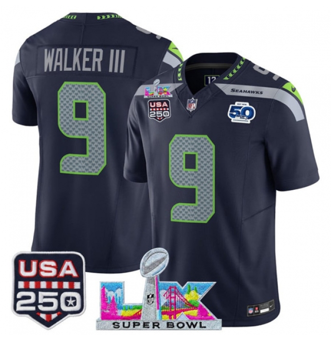 Men's Youth Seattle Seahawks #9 Kenneth Walker III Navy 2025 F.U.S.E. Super Bowl LX And 50th Season & USA 250 Vapor Limited Football Stitched Jersey