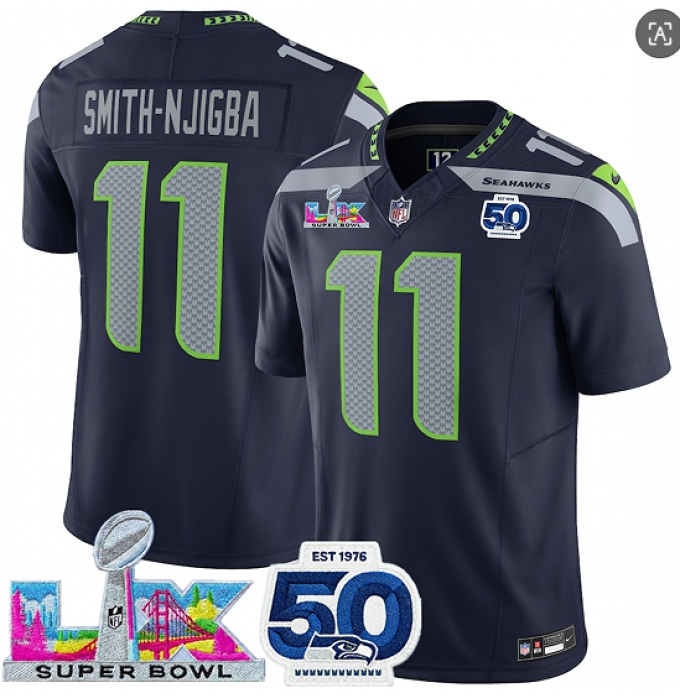 Men's Seattle Seahawks #11 Jaxon Smith-Njigba Navy 2025 F.U.S.E. Super Bowl LX And 50th Season Vapor Limited Football Stitched Jersey