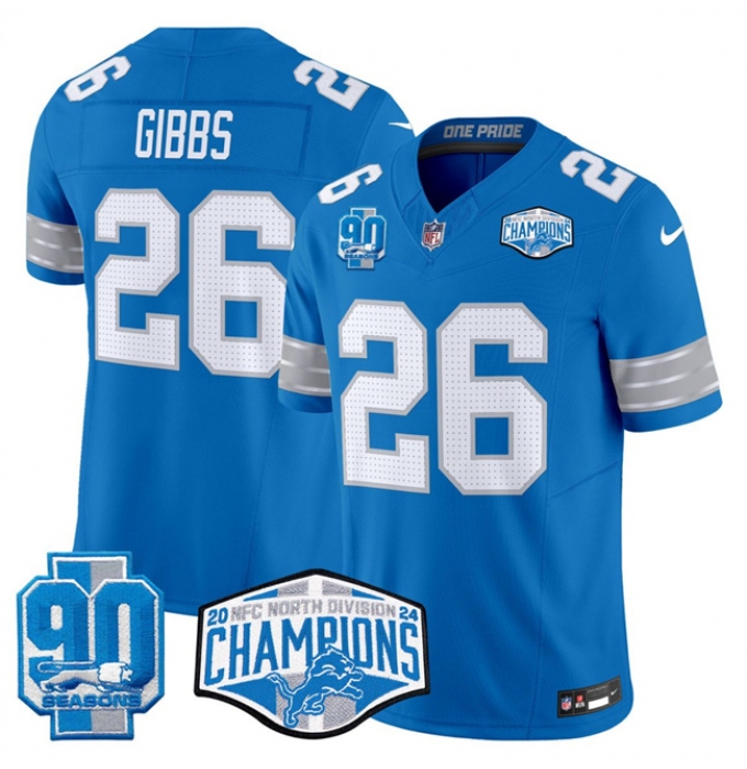 Men's Detroit Lions #26 Jahmyr Gibbs Blue 2024 NFC North Champions 90th Anniversary F.U.S.E. Vapor Limited Stitched Jersey