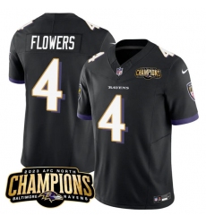 Men's Baltimore Ravens #4 Zay Flowers Black 2023 F.U.S.E. AFC North Champions Vapor Limited Football Stitched Jersey Men's Baltimore Ravens #4 Zay Flowers Black 2023 F.U.S.E. AFC North Champions Vapor Limited Football Stitched Jersey