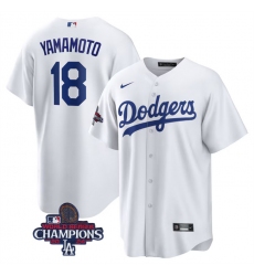 Men's Los Angeles Dodgers #18 Yoshinobu Yamamoto White 2024 World Series Champions Cool Base Stitched Baseball Jersey