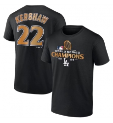 Men's Los Angeles Dodgers #22 Clayton Kershaw Black 2024 World Series Champions Name & Number T-Shirt