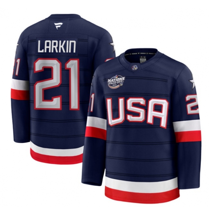 Men's USA #21 Dylan Larkin Navy 2025 4 Nations Face-Off Stitched Jersey