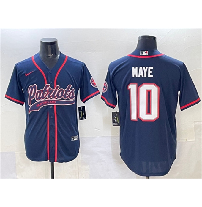 Men's New England Patriots #10 Drake Maye Navy With Cool Base Stitched Baseball Jersey