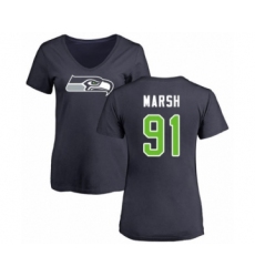 Football Women's Seattle Seahawks #91 Cassius Marsh Navy Blue Name & Number Logo T-Shirt