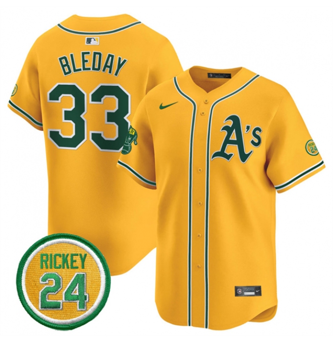 Men's Oakland Athletics #33 JJ Bleday Yellow 2024 Limited With Rickey Henderson Stitched Jersey