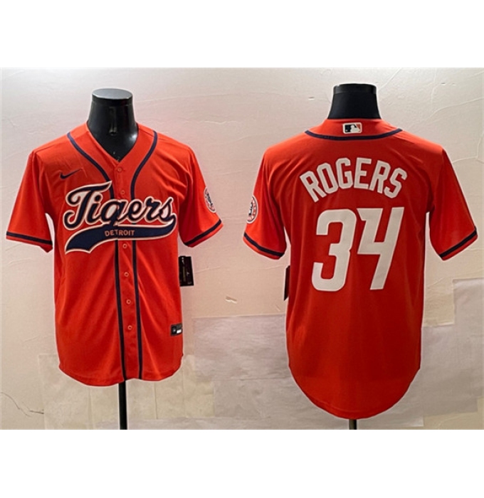 Men's Detroit Tigers #34 Jake Rogers Orange With Cool Base Stitched Baseball Jersey