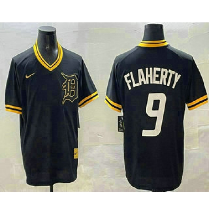 Men's Detroit Tigers #9 Jack Flaherty Black Gold Nike Cooperstown Legend V Neck Jersey