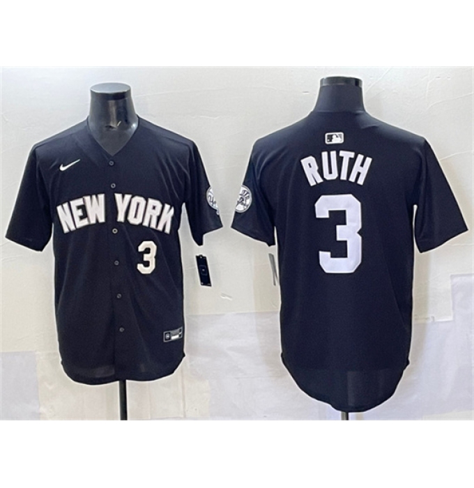 Men's New York Yankees #3 Babe Ruth Black Limited Stitched Baseball Jersey