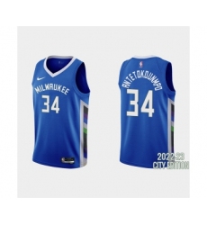 Men's Milwaukee Bucks #34 Giannis Antetokounmpo 2022-23 City Edition Blue Stitched Basketball Jersey