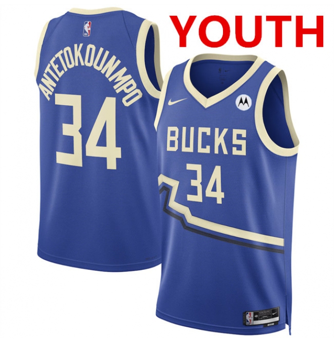 Youth Milwaukee Bucks #34 Giannis Antetokounmpo Royal 2024-25 City Edition Stitched Basketball Jersey