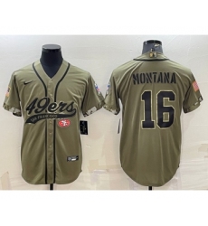 Men's San Francisco 49ers #16 Joe Montana 2022 Olive Salute to Service Cool Base Stitched Baseball Jersey