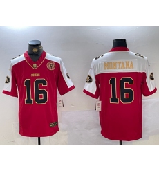 Men's San Francisco 49ers #16 Joe Montana Red Gold FUSE Gate Bridge Vapor Limited Stitched Jersey