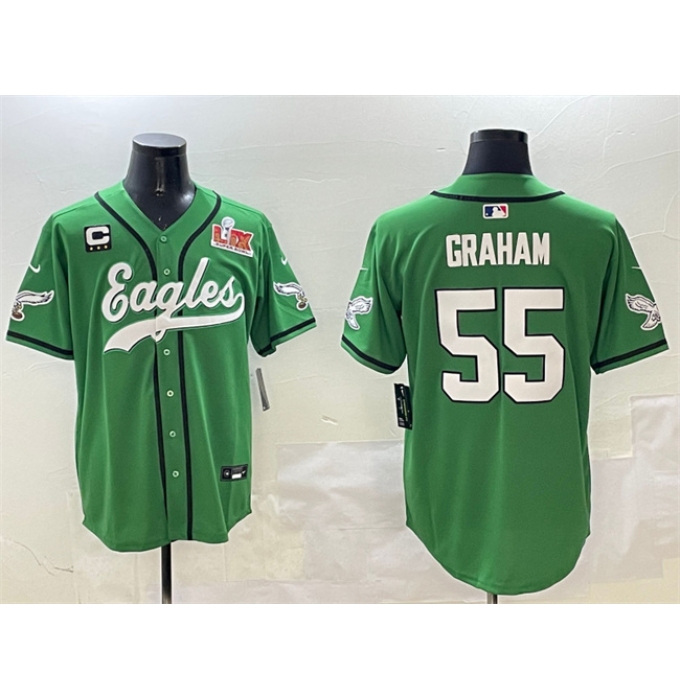 Men's Philadelphia Eagles #55 Brandon Graham Green 2025 Super Bowl LIX And 3-Star C Stitched Baseball Jersey